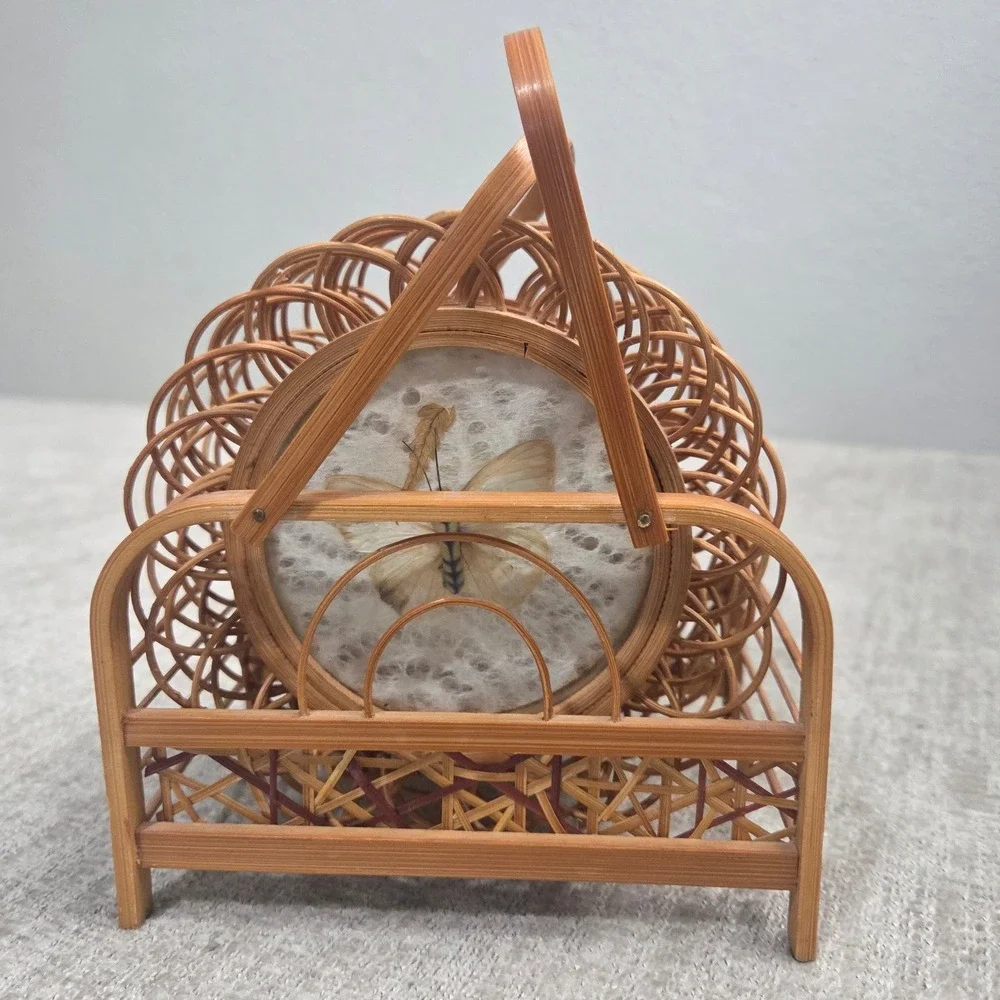Vintage Bamboo Wicker Drink Coasters Set Pressed Butterfly Glass Caddy Boho 7pc